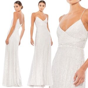 Mac Duggal NWT 10817 Bridal Bride Sequin Spaghetti Strap Gown Pearl $498 Size 14